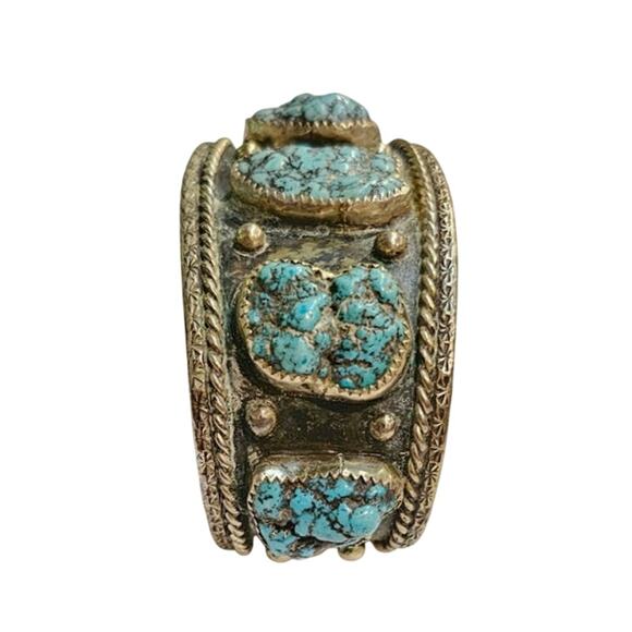 Vintage Diné (Navajo) Turquoise Nugget Sterling Silver Cuff Bracelet - Picture 3 of 6